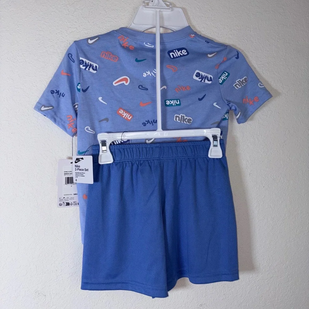 Nike 2-Piece Set 4 Blue Beyond NEW Logo Tee Mesh Shorts 86M858-UAV
